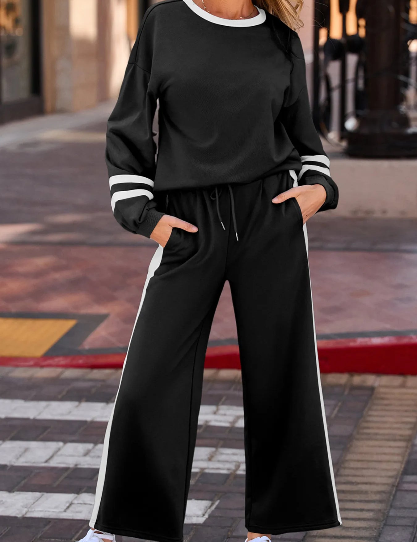 Daverri Fashions black white striped tracksuit with drawstring waist pockets