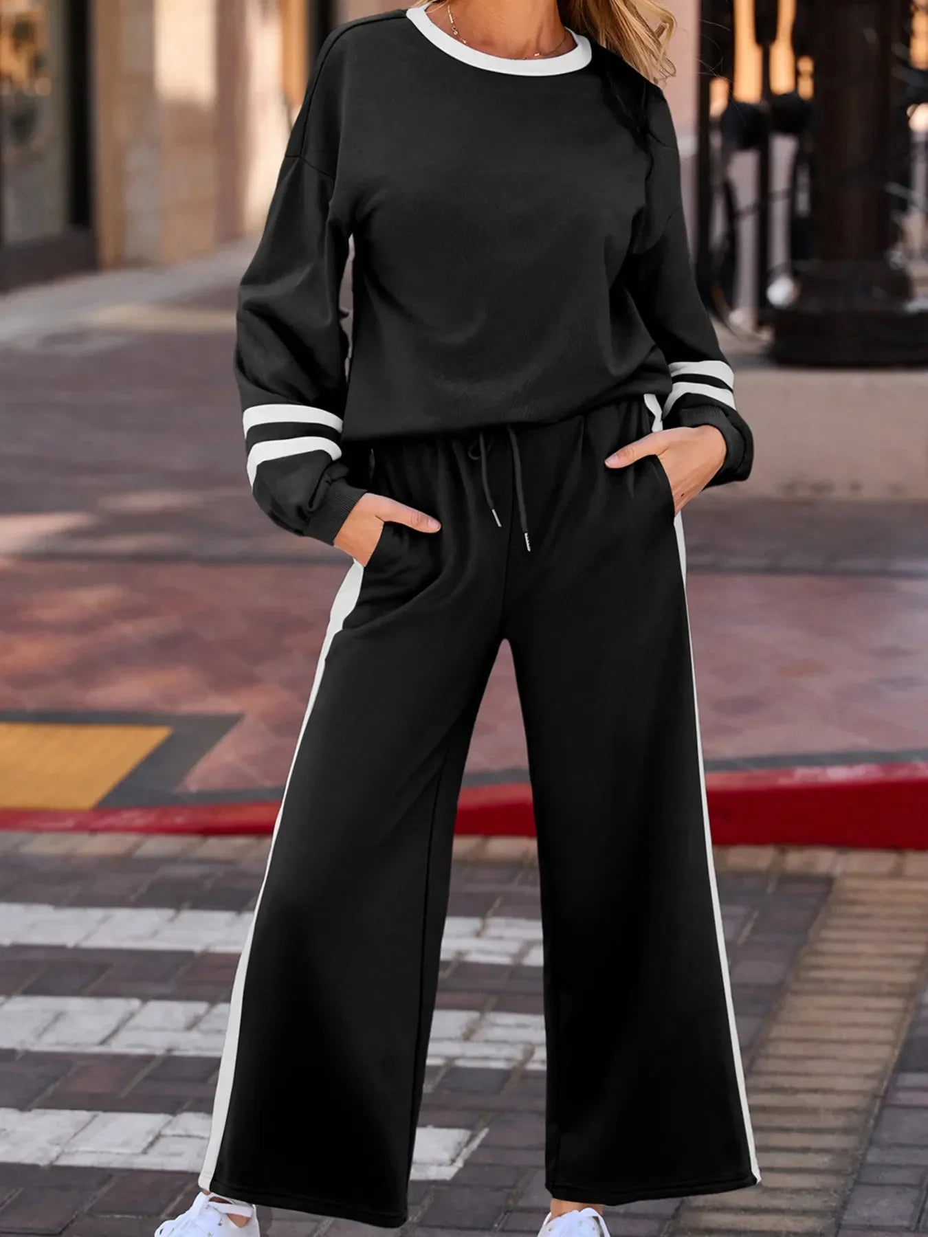 Daverri Fashions black white striped tracksuit with drawstring waist pockets