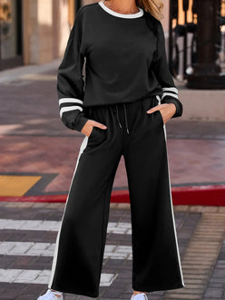 Daverri Fashions black white striped tracksuit with drawstring waist pockets