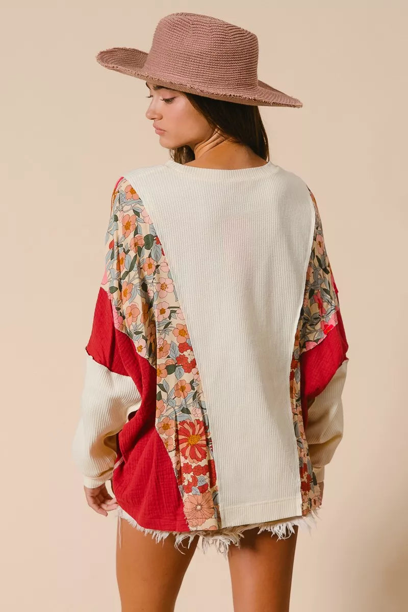 Boho BiBi floral print patch round neck kimono sweater