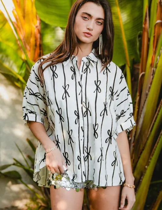 BiBi Bow Ribbon Woven Printed Button Down Shirt | Shirts Daverri Fashions