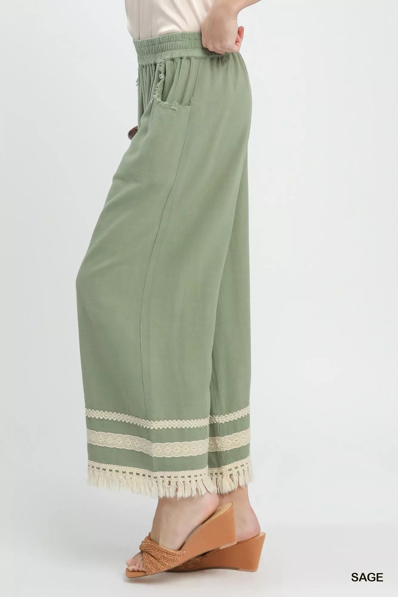 Sage-colored Umgee lace trim fringe hem linen cotton wide-leg pants