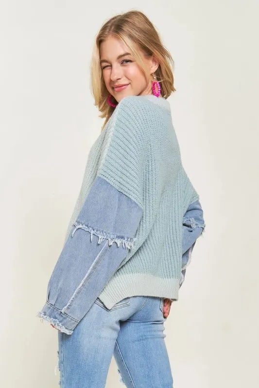 ADORA Plus Size Frayed Denim Sleeve Sweater Top Sweaters