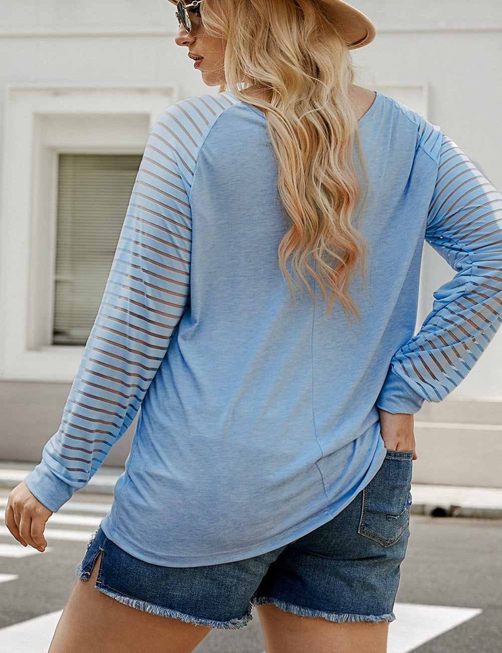 Plus Size Sheer Striped Sleeve V-Neck Top | Tops Daverri Fashions