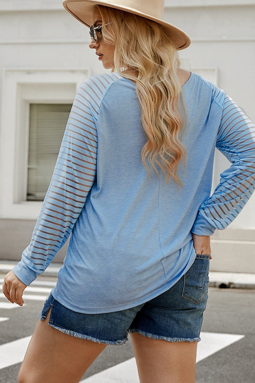 Plus Size Sheer Striped Sleeve V-Neck Top | Tops Daverri Fashions