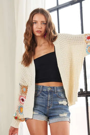 ADORA Full Size Contrast Crochet Open Front Long Sleeve Cardigan | Cardigans Daverri Fashions