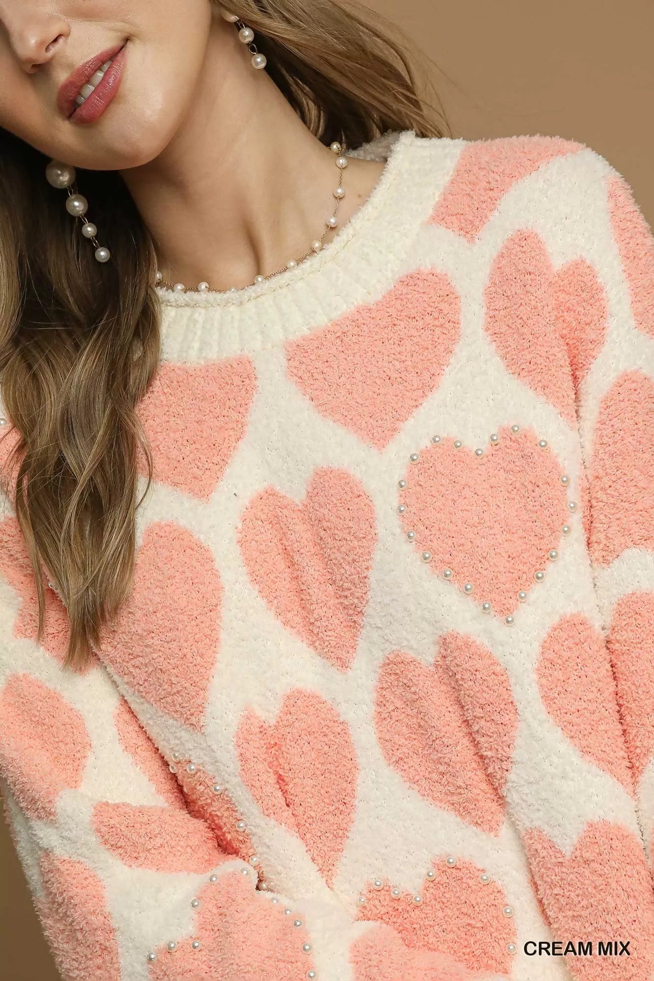 Umgee Mix Heart Pattern Pearl Accent Sweater | Sweaters Daverri Fashions