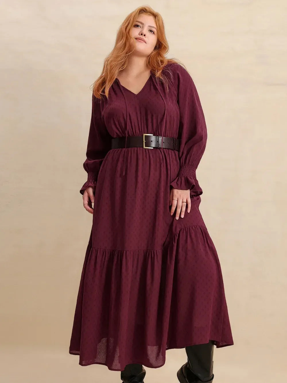 Plus Size Swiss Dot Tie Neck Flounce Sleeve Maxi Dress - DAVERRI FASHIONS