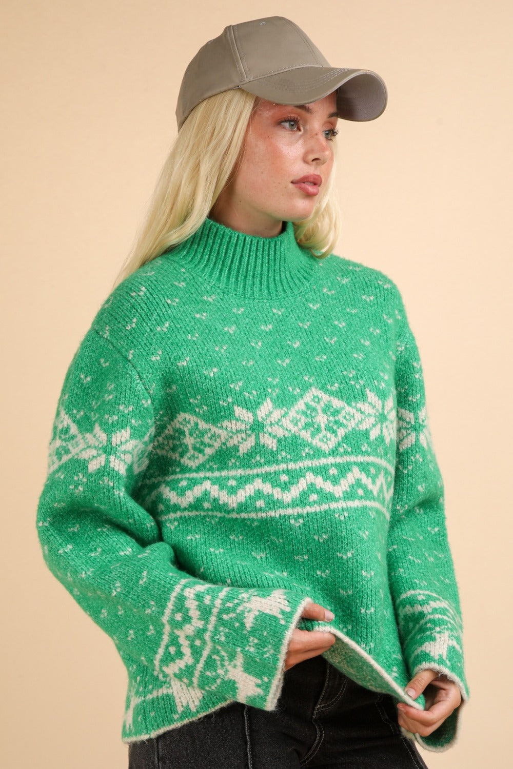 Green Christmas Element Mock Neck Long Sleeve Sweater Tops