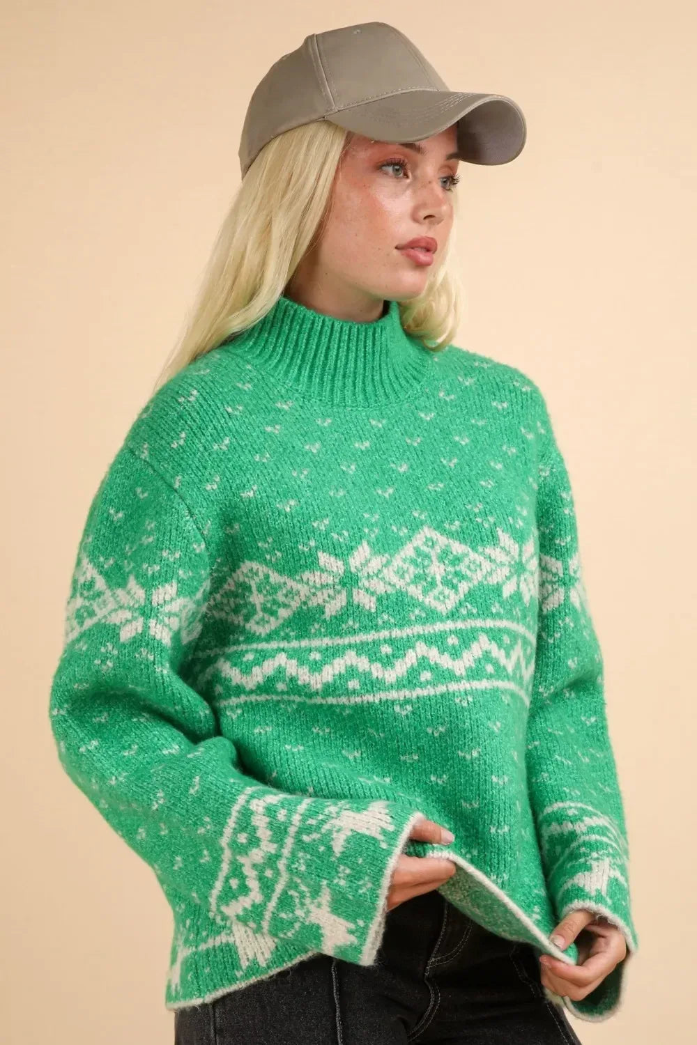 VERY J Christmas Element Mock Neck Long Sleeve Sweater - DAVERRI FASHIONS