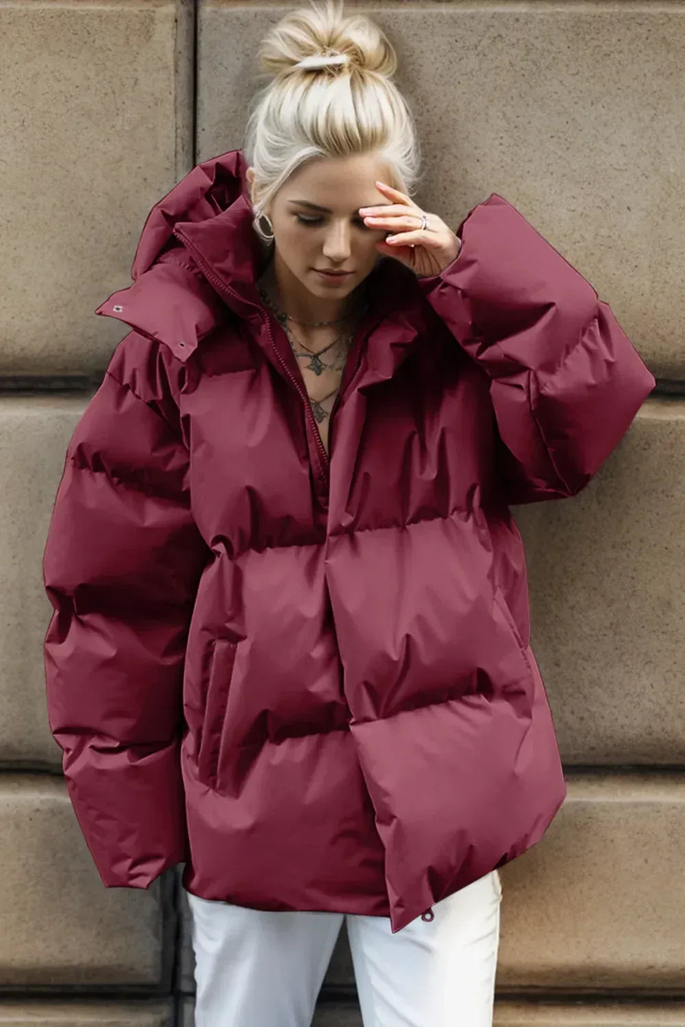 Pocketed Zip Up Hooded Puffer Jacket - DAVERRI FASHIONS