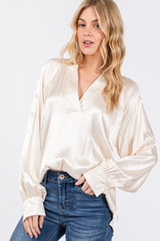 Notched Long Sleeve Blouse Tops