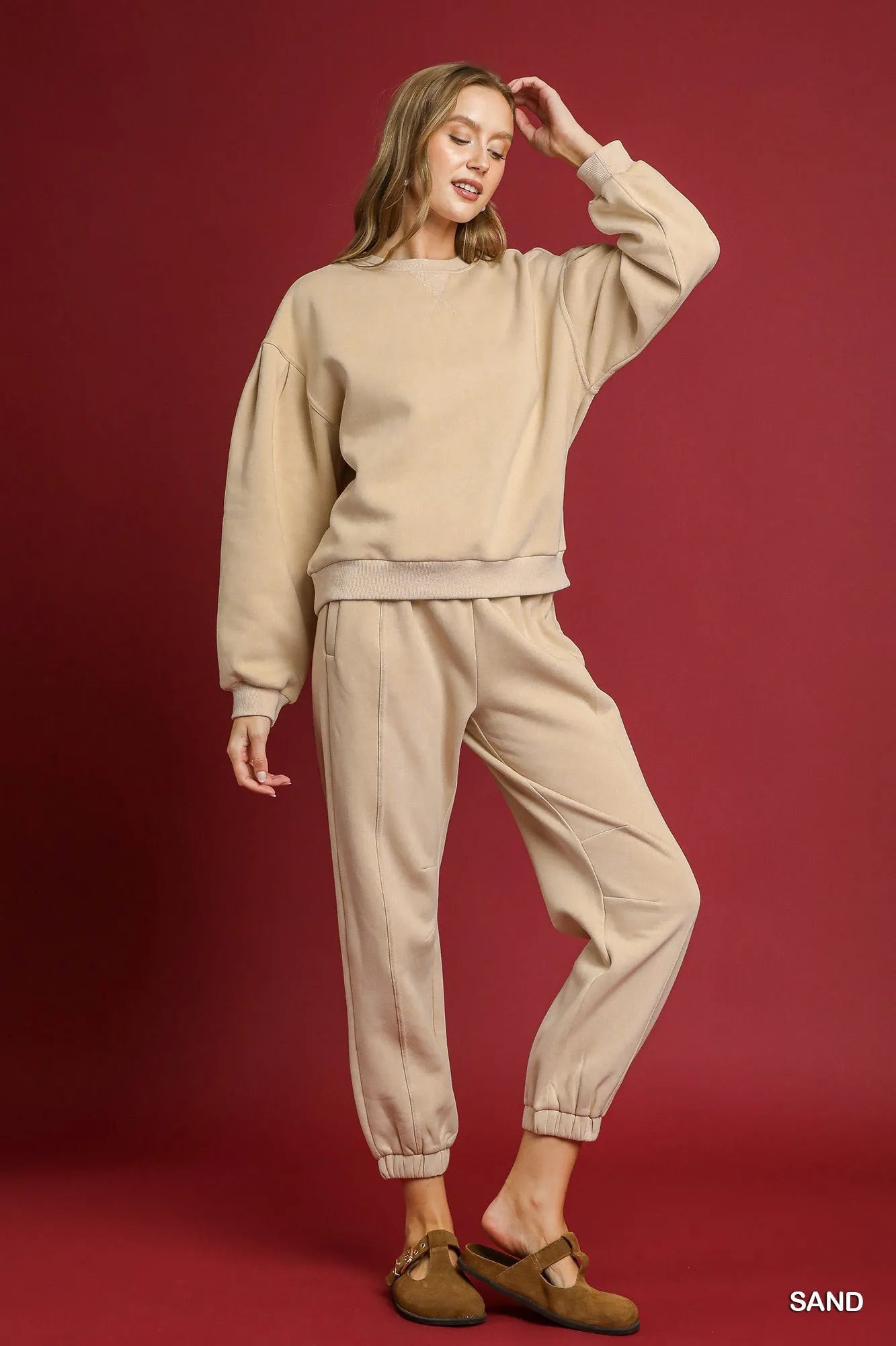 Umgee Fleece Jogger Pants with Drawstring Sand | Sweatpants Daverri Fashions