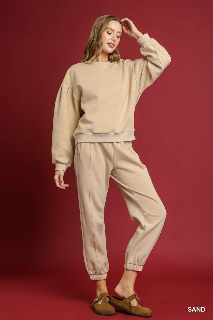 Umgee Fleece Jogger Pants with Drawstring Sand | Sweatpants Daverri Fashions