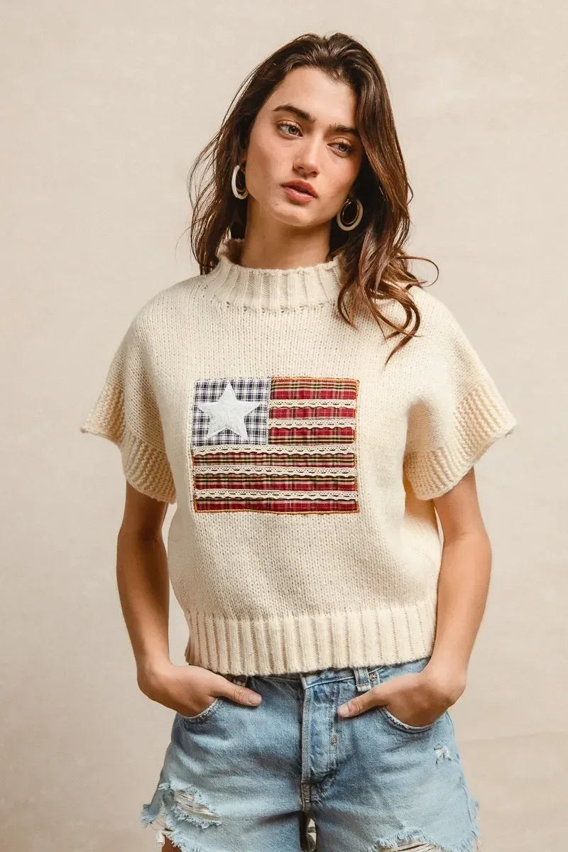 BiBi American Flag Patchwork Drop Shoulder Sweater - DAVERRI FASHIONS