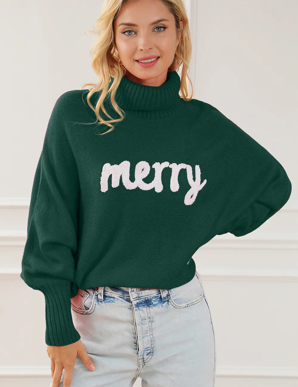 Green Merry Letter Embroidered High Neck Sweater | Sweaters Daverri Fashions
