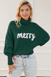 Green Merry Letter Embroidered High Neck Sweater | Sweaters Daverri Fashions