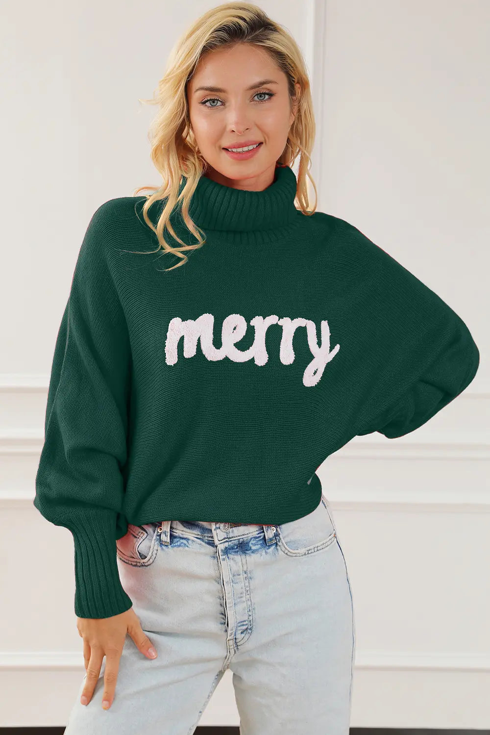 Green Merry Letter Embroidered High Neck Sweater | Sweaters Daverri Fashions