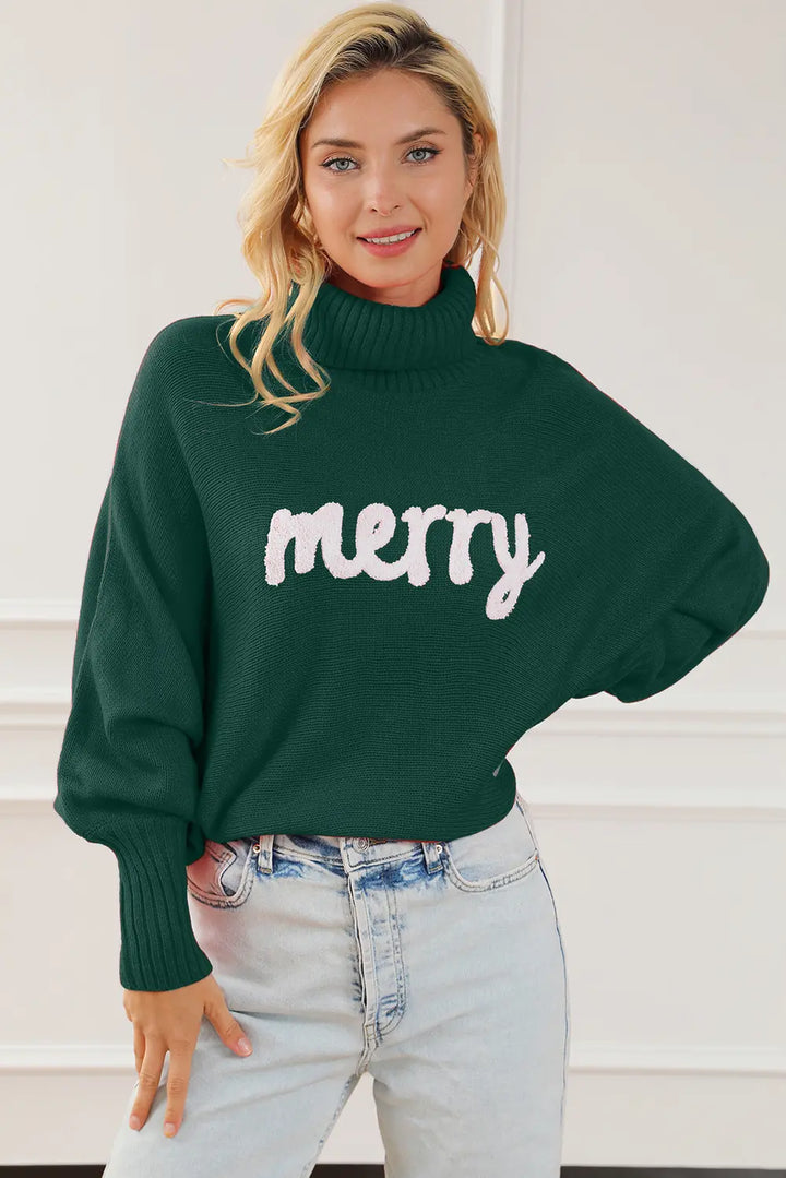 Green Merry Letter Embroidered High Neck Sweater | Sweaters Daverri Fashions