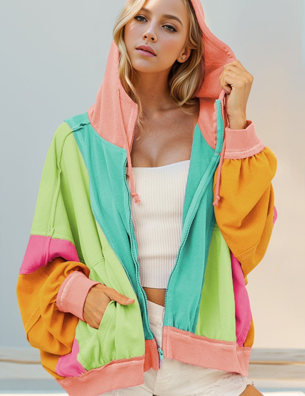 Full Size Color Block Zip Up Hoodie | Hoodies Daverri Fashions