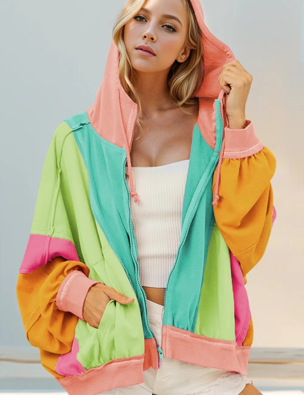 Teal Full Size Color Block Zip Up Hoodie | Hoodies Daverri Fashions