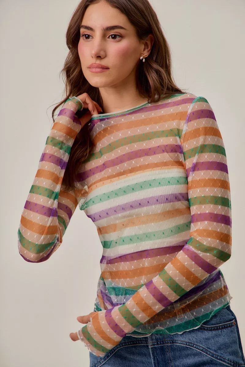 SO ME Mardi Gras Color Stripe Stretch Mesh Top in sheer pastel stripes
