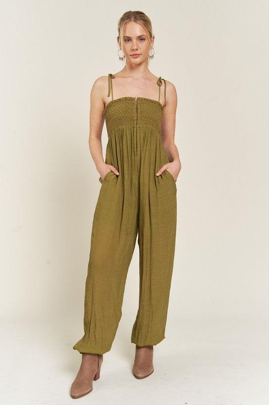 Plus Size Shoulder Tie Smocked Jumpsuit OLIVE Jumpsuits