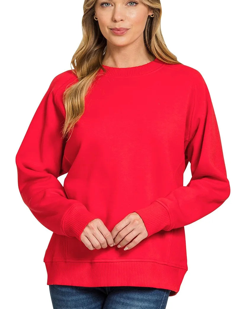 RUBY Zenana Fleece Round Neck Ribbed Side Raglan Sweatshirt | Sweatshirts Daverri Fashions