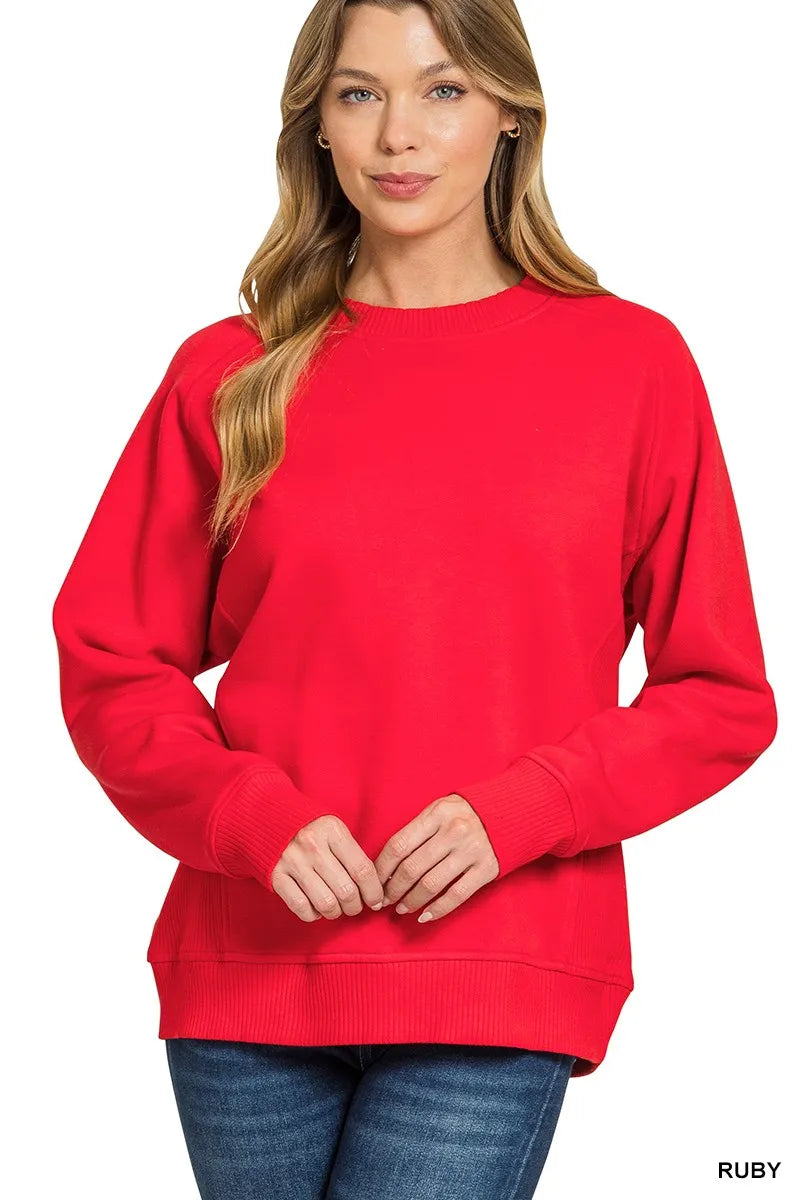 Zenana Fleece Round Neck Ribbed Side Raglan Sweatshirt RUBY Sweatshirts