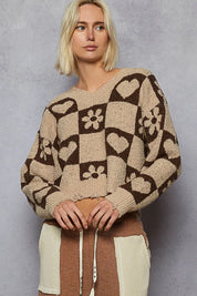 POL V-Neck Heart Pattern Checkered Sweater | Sweaters Daverri Fashions