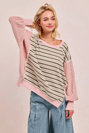 BiBi Stripe Mixed Top With Cut Edge And Reverse Outseam | Sweatshirts Daverri Fashions
