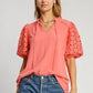 Umgee Full Size Heart Lace Sleeve Ruffle Collar Top Plus Size Tops