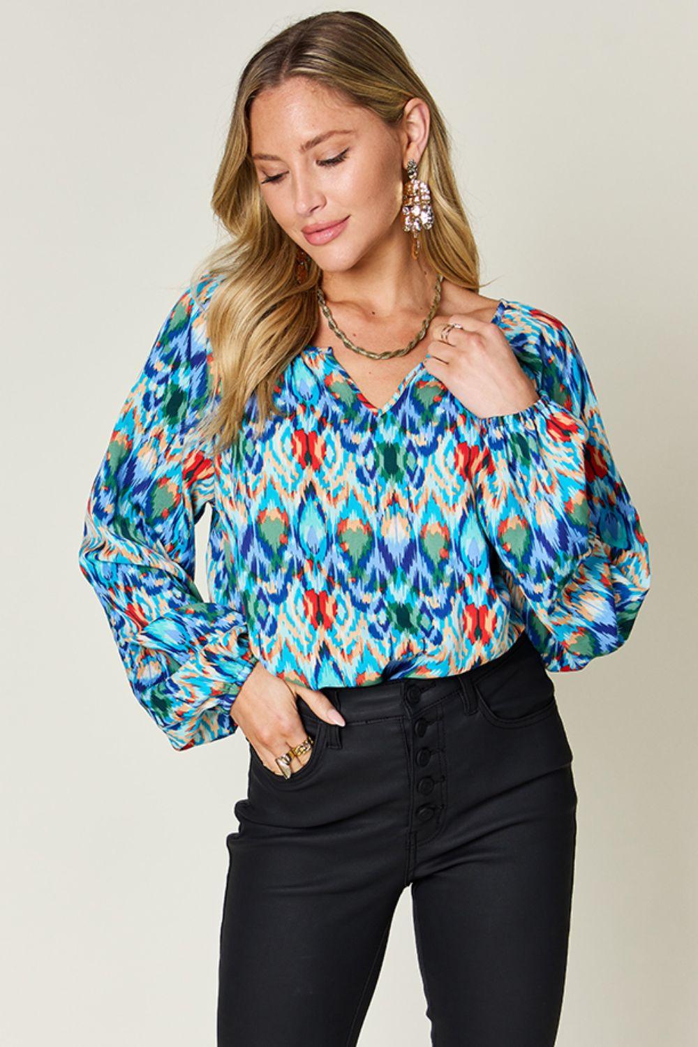 Double Take Full Size Printed Balloon Sleeve Blouse Sky Blue Shirts & Tops