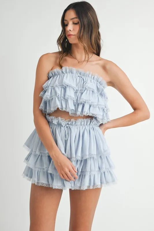 MABLE Ruffle Layered Crop Top and Mini Skirt Set Outfit Sets