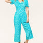 PLUS Spring Vibes Aqua Ikat Print Ruffle Sleeve Wide Leg Jumpsuit - DAVERRI FASHIONS