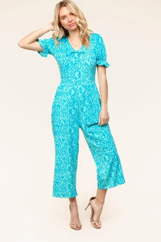 PLUS Spring Vibes Aqua Ikat Print Ruffle Sleeve Wide Leg Jumpsuit - DAVERRI FASHIONS