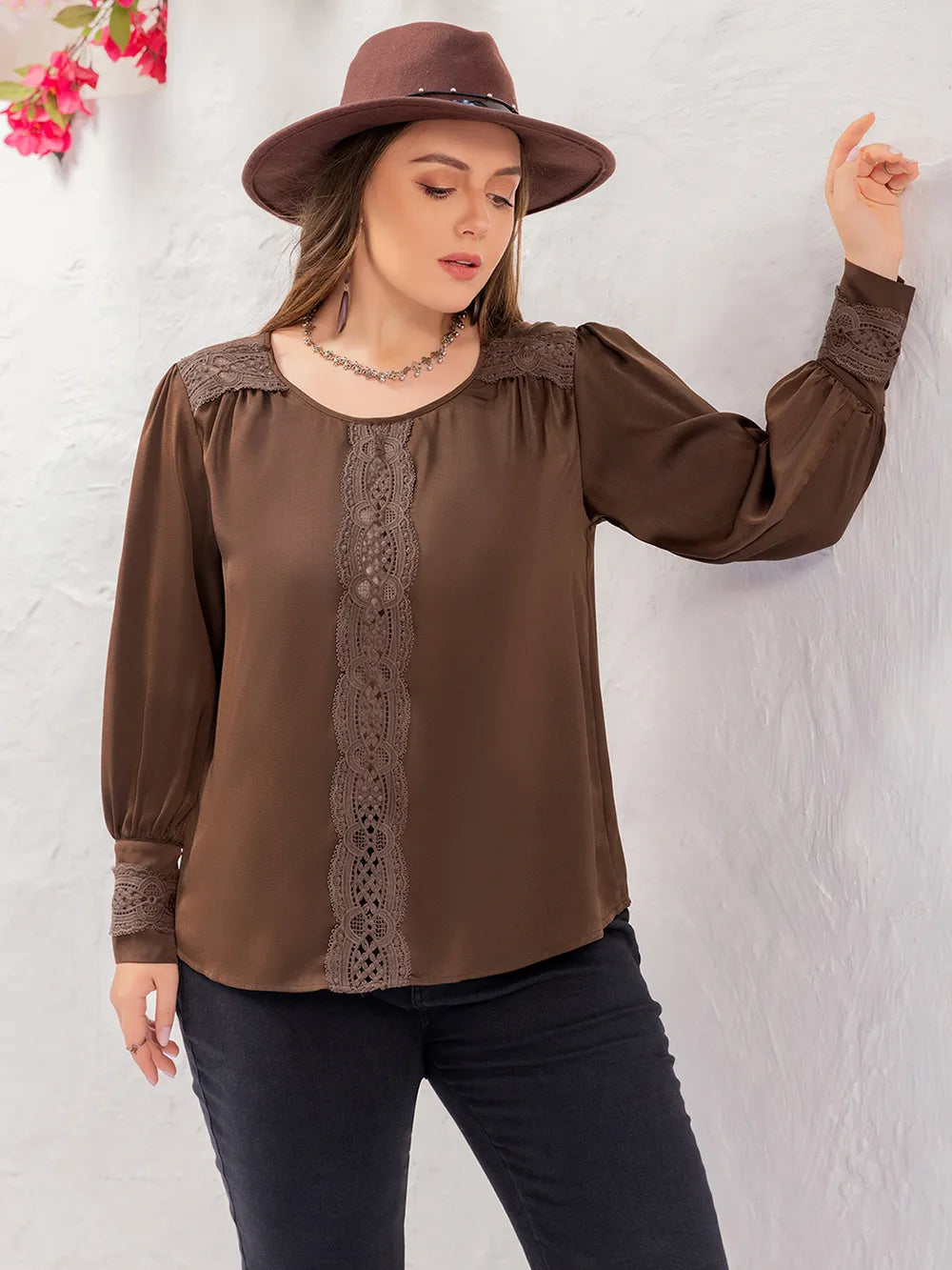 Plus Size Lace Detail Round Neck Long Sleeve Blouse | Daverri Fashions