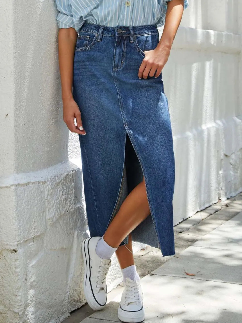 Raw Hem Front Slit Denim Midi Skirt | Skirt Daverri Fashions