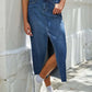 Raw Hem Front Slit Denim Midi Skirt - DAVERRI FASHIONS