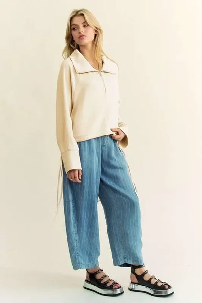 Davi & Dani Drawstring Hem Half Zip Raglan Sleeve Sweatshirt - DAVERRI FASHIONS