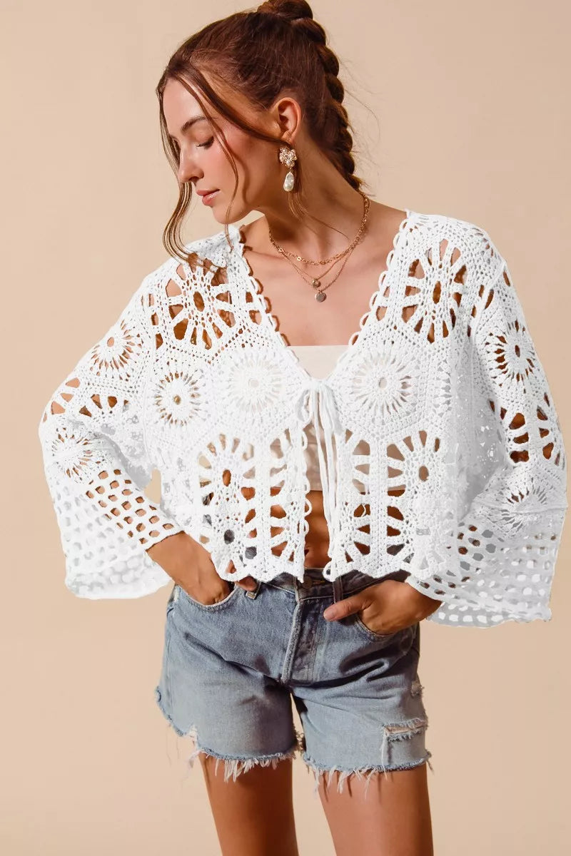 White SO ME floral crochet cropped cardigan with bell sleeves