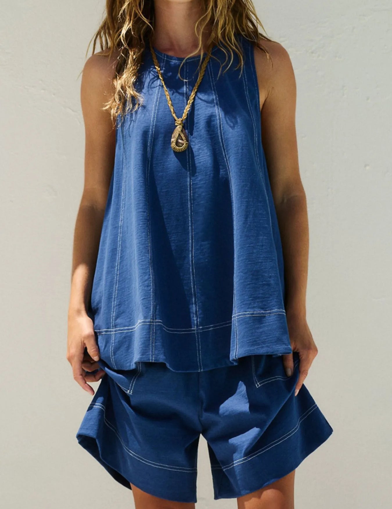 Dark Blue Casual Contrast Stitch Denim Tank Top and Shorts Set | Outfit Sets Daverri Fashions