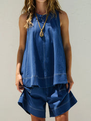 Dark Blue Casual Contrast Stitch Denim Tank Top and Shorts Set | Outfit Sets Daverri Fashions