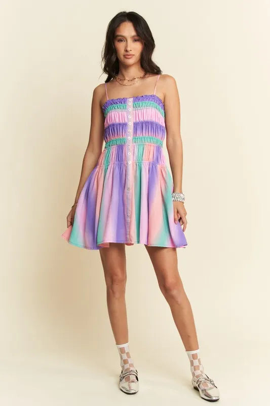 Davi & Dani Multi Color Ombre Printed Bodice Button Up Dress Mini Dresses