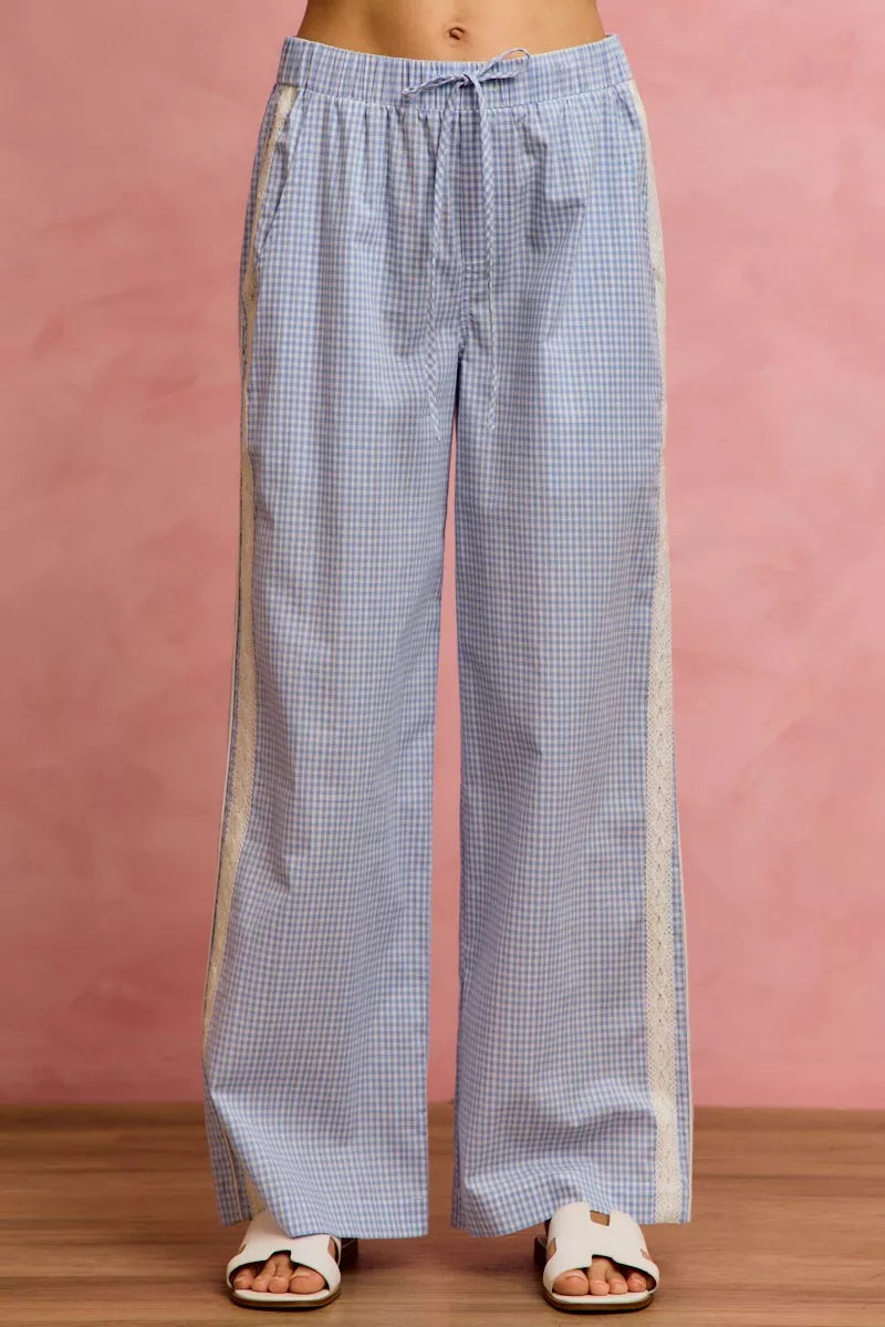 SO ME wide check pants with light blue gingham, lace trim and cream piping