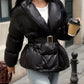 Daverri belted puffer jacket in black with shiny quilted texture and gold buckle