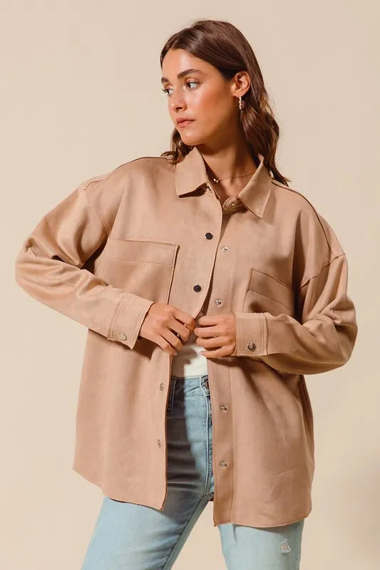 CAMEL SO ME Faux Sued Snap Shacket with Collar and Pockets | Daverri Fashions