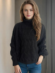 Black cable-knit turtleneck sweater with balloon sleeves