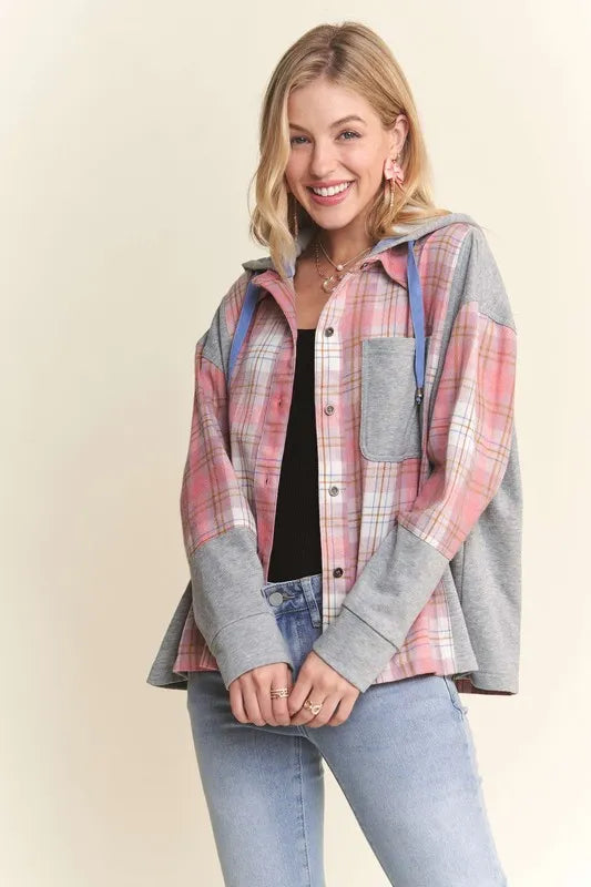 ADORA Button Down Plaid Hoodie Shacket Shackets