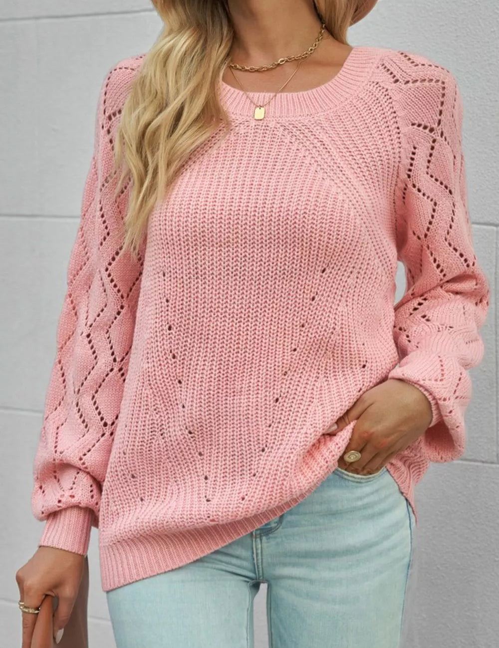 Hollow-Out Puffy Sleeve Knit Sweater | Sweaters Daverri Fashions